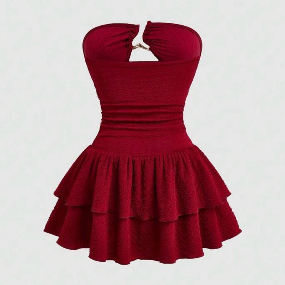 Strapless Ruffled Mini Dress in Wine Red - Picture 2 of 2